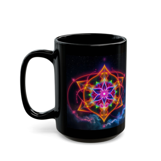 Black Ceramic Mug 15 oz— Vibrant Sacred Heart Sacred Geometry Light Body Merkaba Coffee Cup by Divine Arts