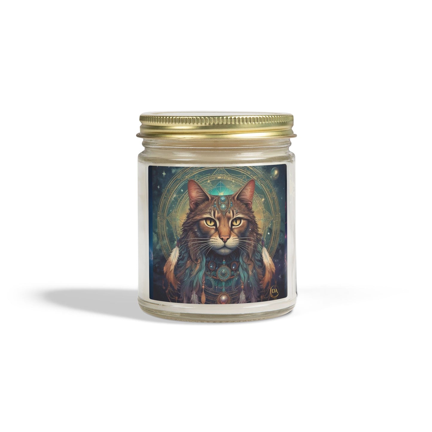 Premium Coconut Apricot Wax Scented Candles, Various Floral & Spice Fragrances (4oz), Spiritual Christmas Holiday Cat Lover Pet Gift, Brown Tabby Cat Galaxy Space Fantasy Tribal Art, by Divine Arts