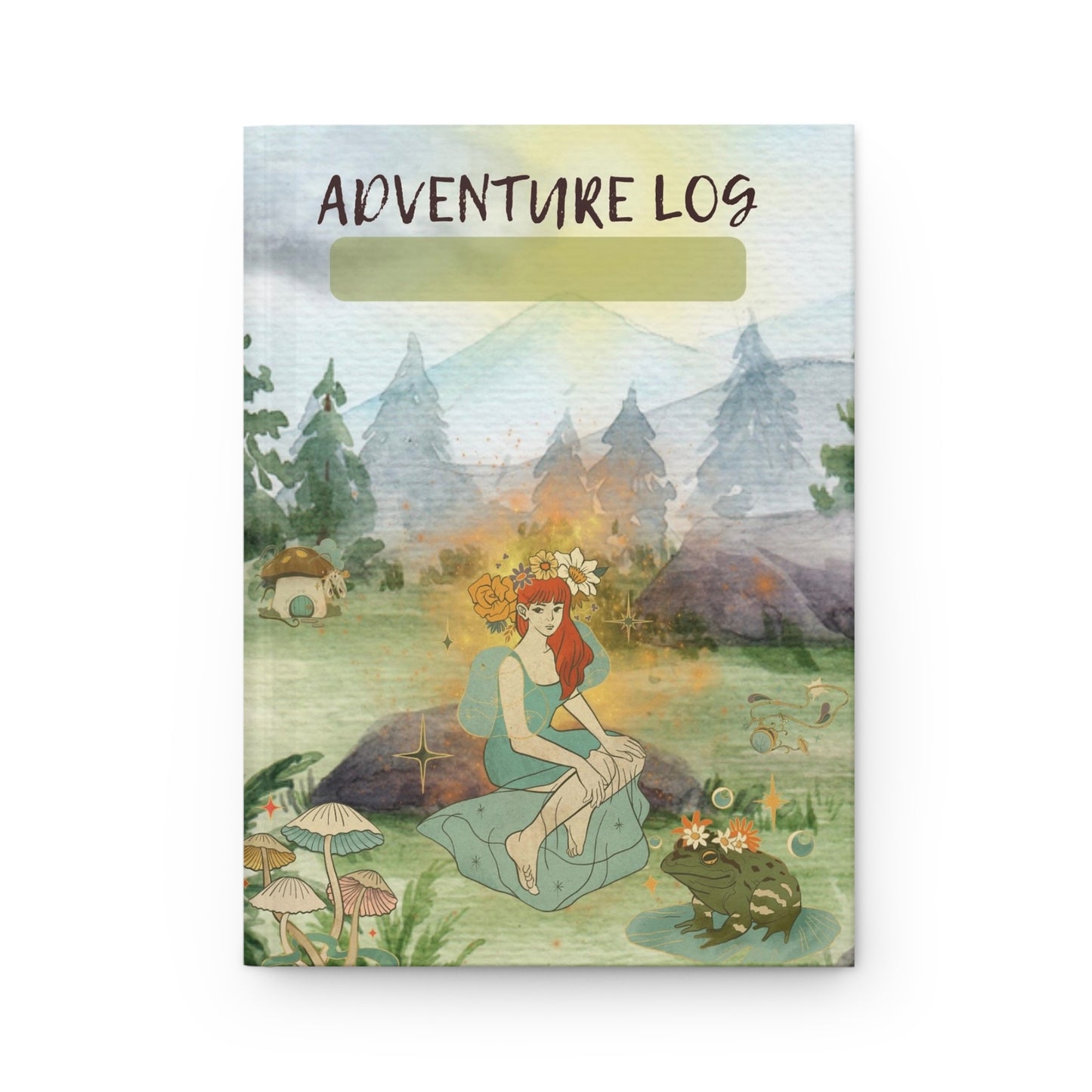 Divine Arts Hardcover Journal Notebook Stationery Matte Laminate Coating Ruled Line Wraparound Art - Fantasy Cottage Core Red Hair Fairy in Green Dress  Beside Large Frog with Flower Tiara Amidst Mushrooms in an Enchanted Forest Grove on Bright Sunny Day