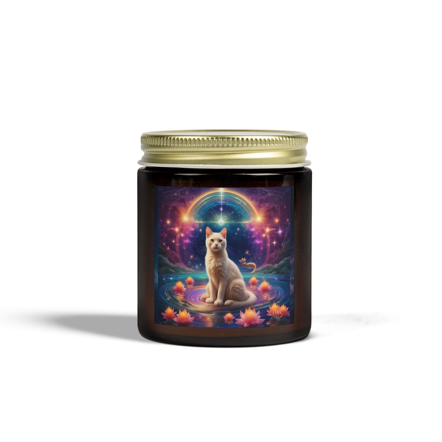 Premium Coconut Apricot Wax Scented Candles, Various Floral & Spice Fragrances (4oz), Spiritual Christmas Holiday Cat Lover Pet Gift, White Brown Cat in Sparkling Rainbow Lotus Field Pool, Fantasy Galaxy Space Cat Art , by Divine Arts