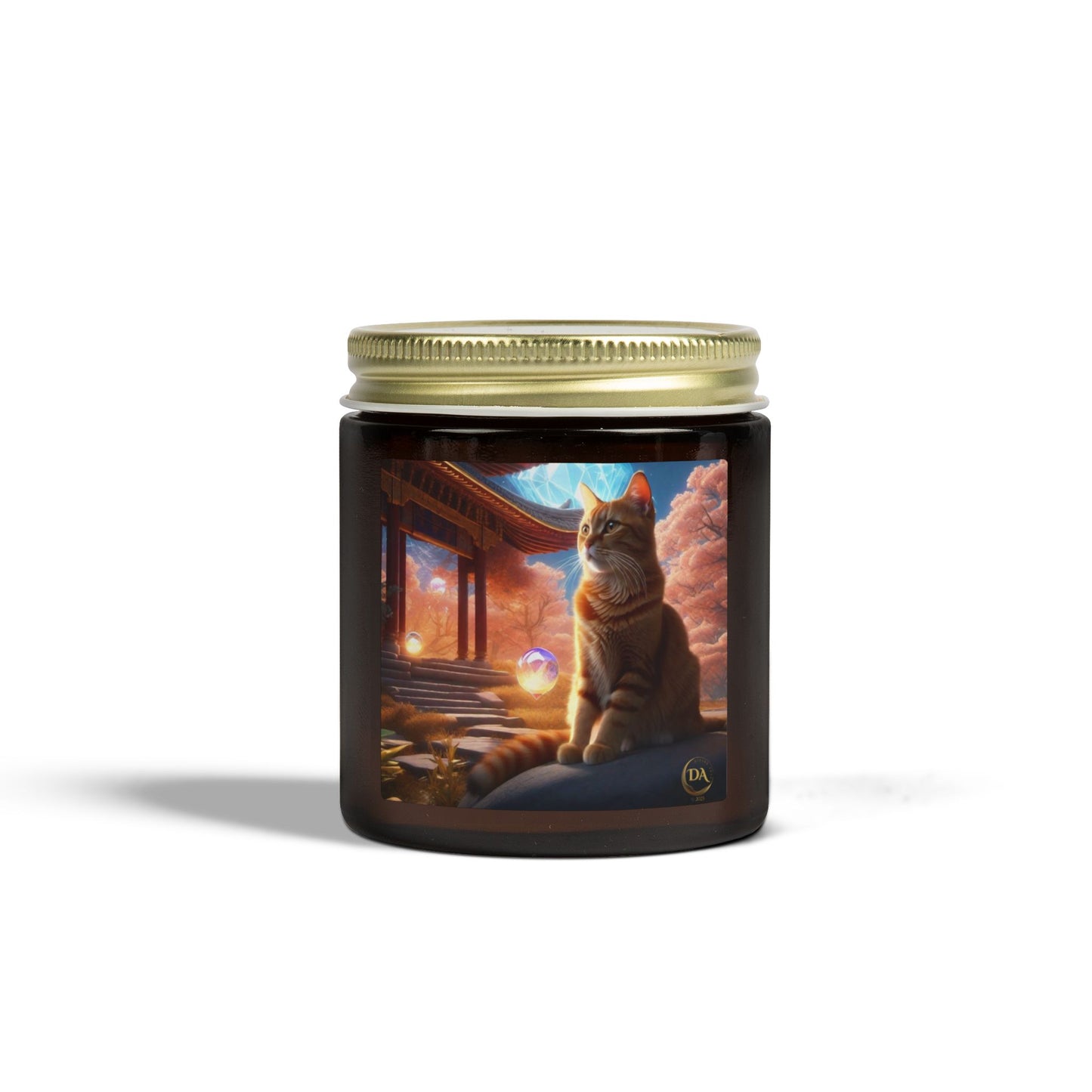 Premium Coconut Apricot Wax Scented Candles, Various Floral & Spice Fragrances (4oz), Spiritual Christmas Holiday Cat Lover Pet Gift, Ginger Tabby Cat Buddhist Diamond Sutra Temple Art, by Divine Arts