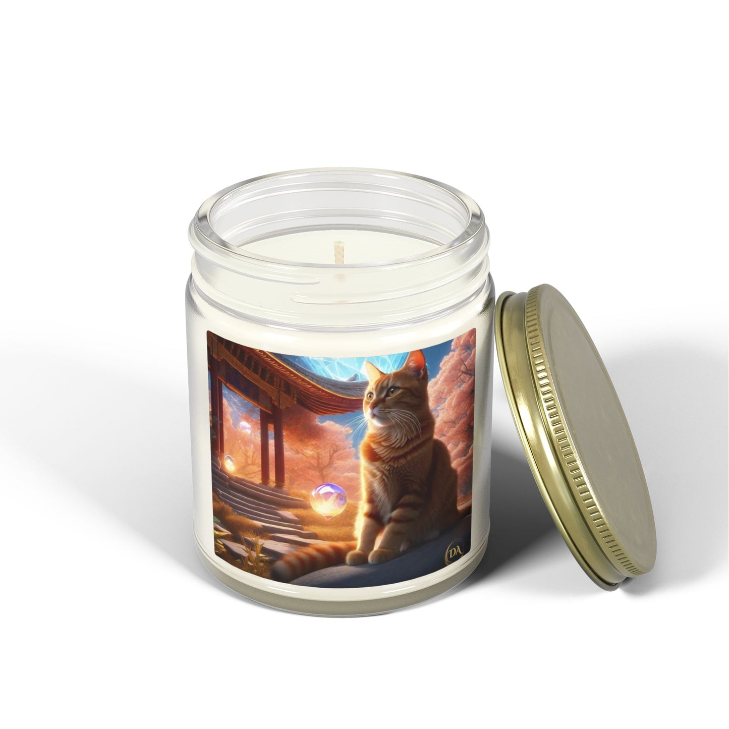 Premium Coconut Apricot Wax Scented Candles, Various Floral & Spice Fragrances (4oz), Spiritual Christmas Holiday Cat Lover Pet Gift, Ginger Tabby Cat Buddhist Diamond Sutra Temple Art, by Divine Arts