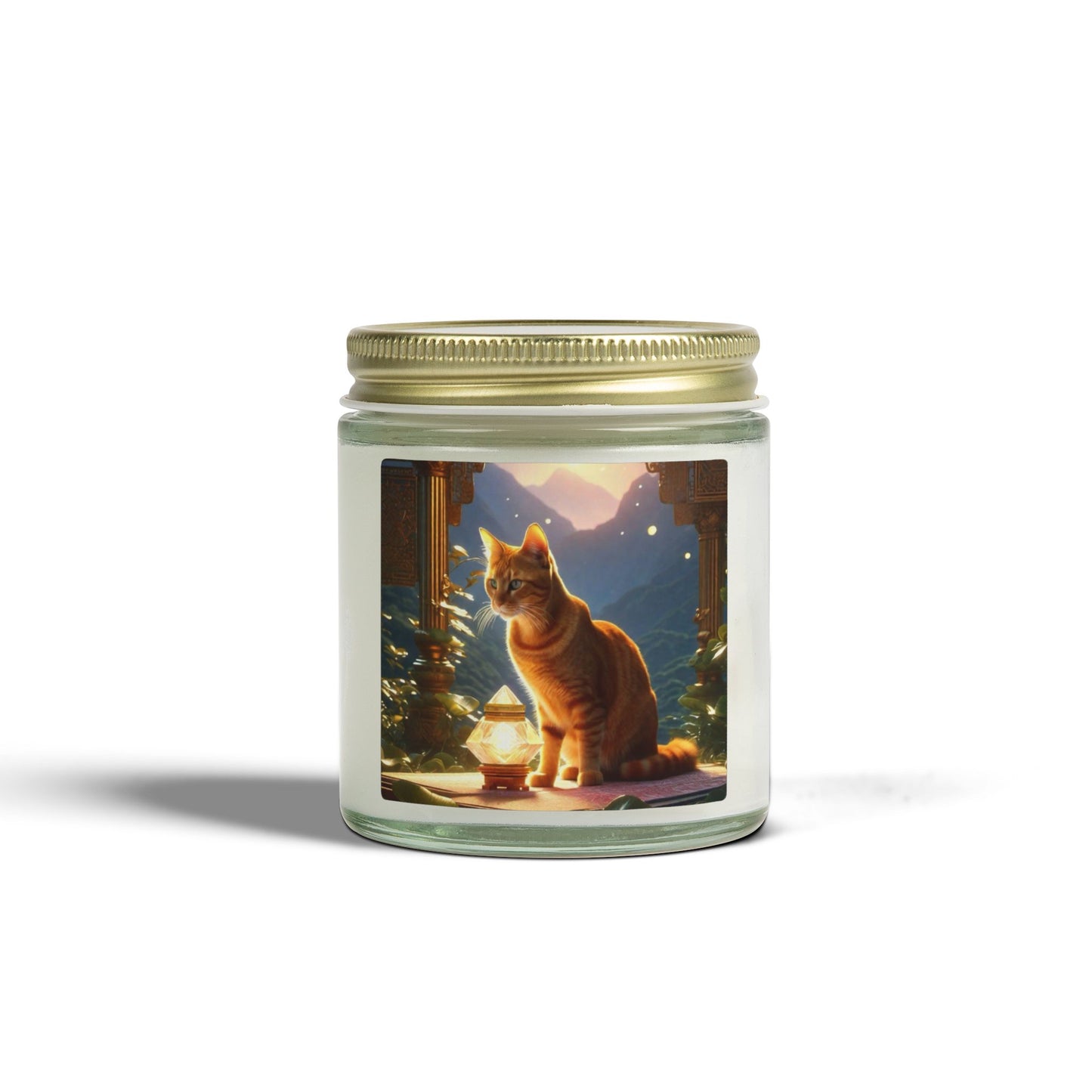 Premium Coconut Apricot Wax Scented Candles, Various Floral & Spice Fragrances (4oz), Spiritual Christmas Holiday Cat Lover Pet Gift, Ginger Tabby Cat Buddhist Diamond Sutra Temple Art, by Divine Arts