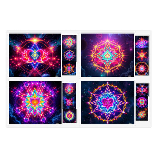 Kaleidoscope Sticker Sheet (6 x 4) - Colorful Cosmic Galaxy Merkaba Lotus Art Psychedelic Sacred Geometry Decals by Divine Arts