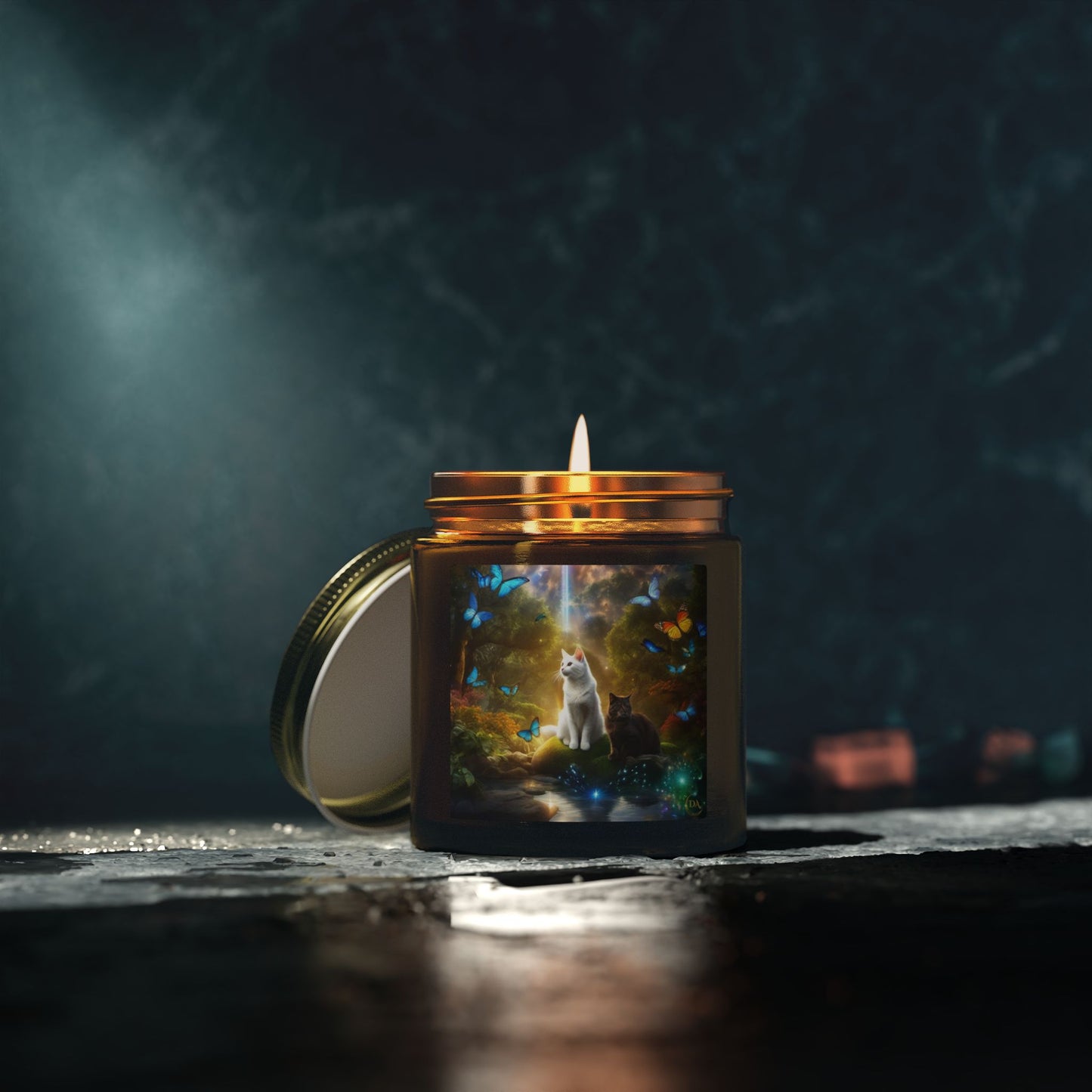 Premium Coconut Apricot Wax Scented Candles, Various Floral & Spice Fragrances (4oz), Spiritual Christmas Holiday Cat Lover Pet Gift, Black & White Cats in Nature Butterflies Scene Fairytale Fantasy Art, by Divine Arts