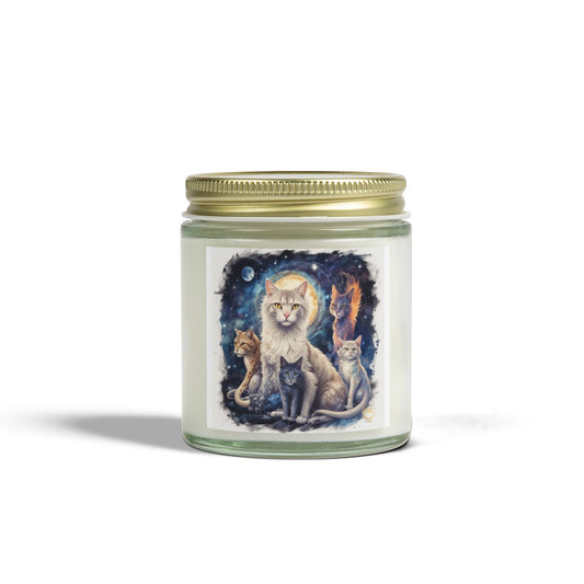 Premium Coconut Apricot Wax Scented Candles, Various Floral & Spice Fragrances (4oz), Spiritual Christmas Holiday Cat Lover Pet Gift, Ginger, White, Gray & Brown Cats Galaxy Space Fantasy Cat Art, by Divine Arts