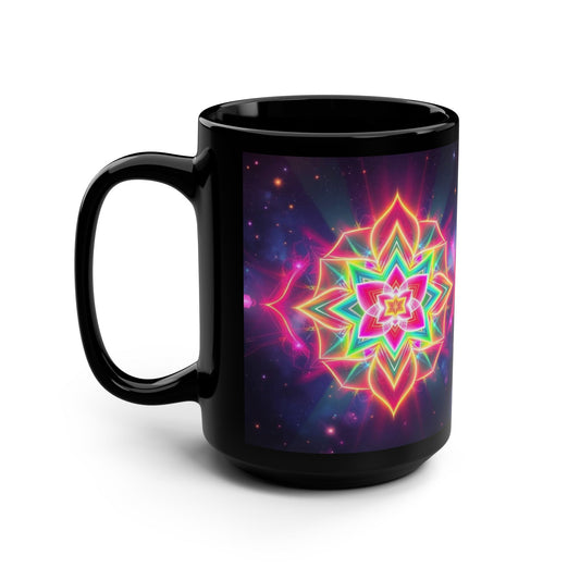 Black Ceramic Mug  15 oz — Neon Merkaba Cosmic Coffee Cup by Divine Arts