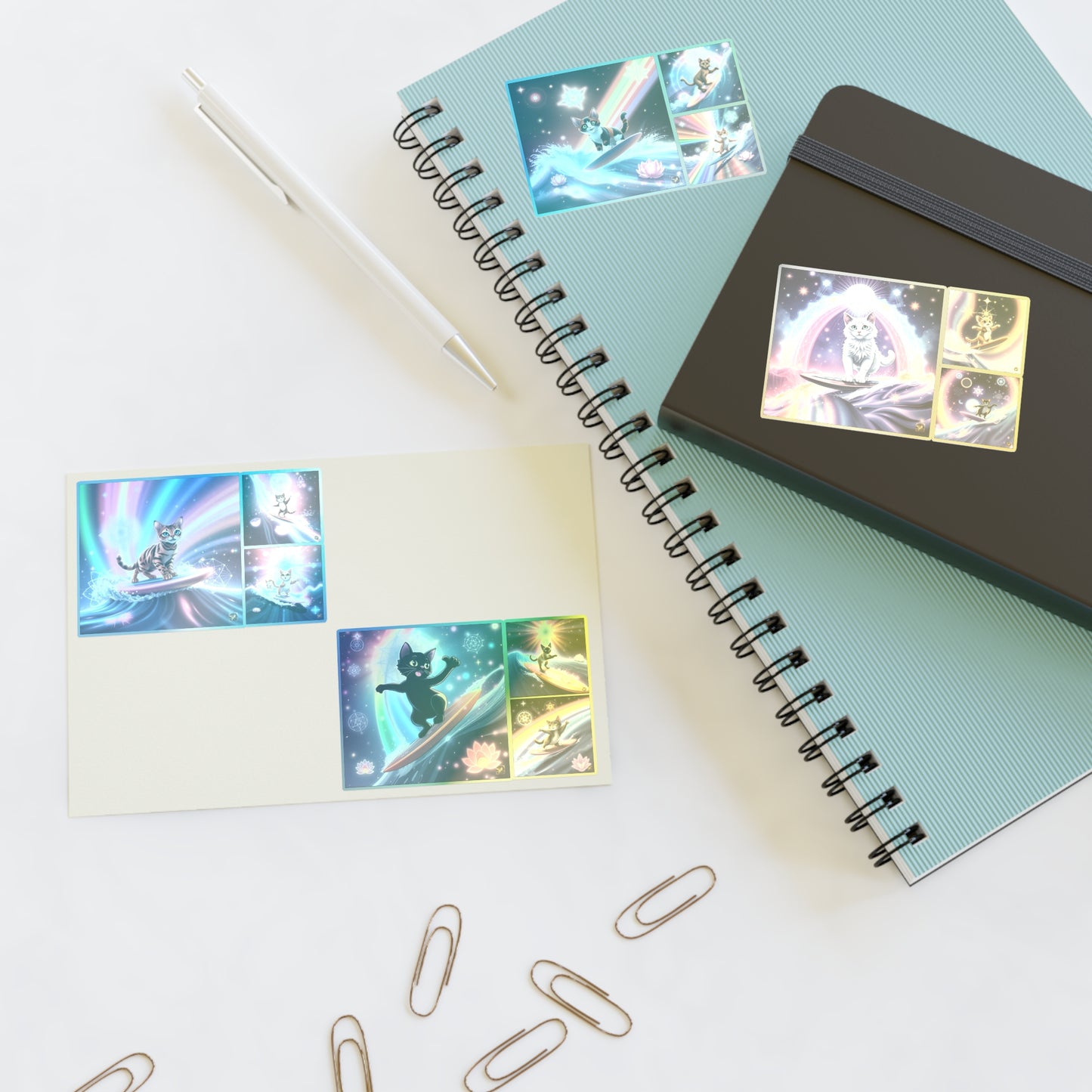 Cosmic Surfing Cat Sticker Sheets (6" x 4") — Rainbow Lotus Light Sacred Geomtry Galaxy Cat Decals by Divine Arts