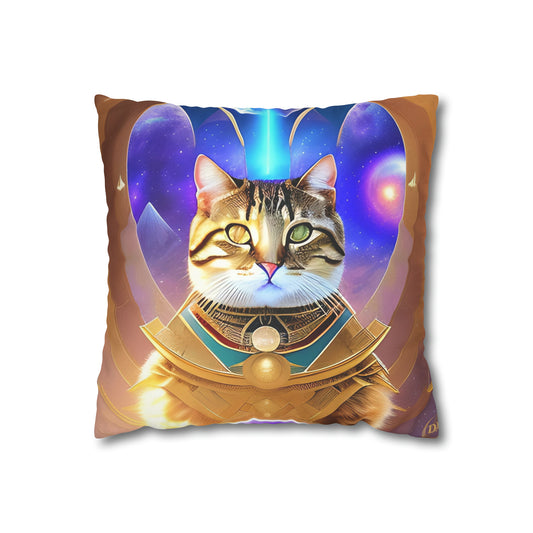 Divine Arts Faux Suede Double-Sided Square Pillow Case in Four Sizes - Fantasy Galaxy Space Cat Lover Male Brown Tabby Cat with Heterochromia in Ornate Golden Armor with Light Blue Hydroplasma Light Beam from Crown Chakra Merkaba Pillow Cover